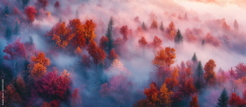 Poster vibrant autumn forest with slender trees in hues of red and orange, enveloped in a mystical fog crea