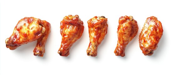 Juicy roasted chicken wings and legs arranged on a clean white background highlighting their golden-brown color and mouthwatering appeal