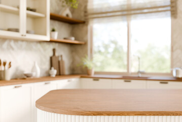 Stylish modern kitchen with wooden countertop design. 3d render.