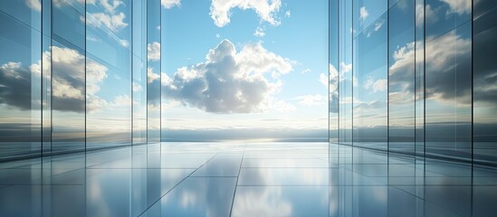 Modern glass interior with bright blue sky and fluffy clouds reflecting on floor, showcasing a serene and open atmosphere with clear horizon.