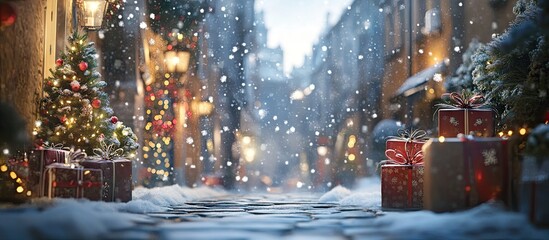Charming winter street scene adorned with snowflakes, vibrant gift boxes in red and gold colors, and distant glowing lanterns creating a festive atmosphere.