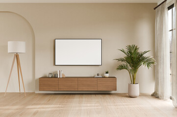 Modern Minimalist Living Room with Television Display. 3d render.