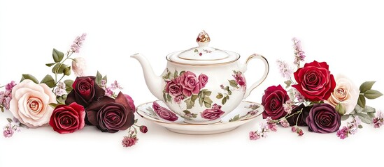 Elegant tea party setting with a floral teapot in the center, surrounded by assorted roses in shades of red and pink on a crisp white background.