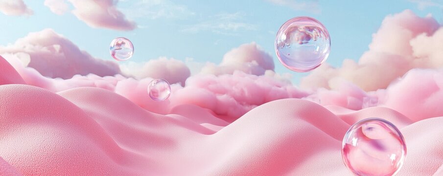 Ethereal landscape of pink fuzzy terrain and crystal-clear water, with floating glass-like bubbles under a bright and dreamy sky