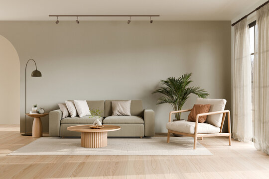 Modern Living Room with Cozy Furniture and Plants. 3d render.