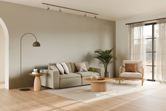 Modern Living Room with Cozy Furniture and Plants. 3d render.
