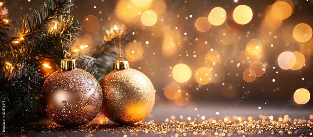 Poster golden bokeh background with sparkling ornaments against a dark backdrop featuring glowing lights an