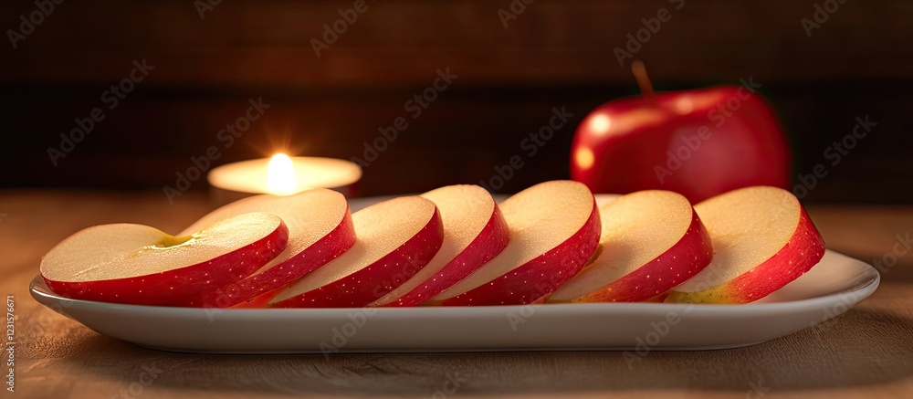 Aufkleber Elegant arrangement of red apple slices on a white plate glowing from soft candlelight creating a warm inviting atmosphere with wooden background