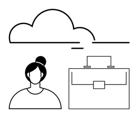 Woman avatar, cloud, and briefcase emphasize work-life balance, remote work, tech integration. Ideal for career planning, digital tools, networking, innovation cloud jobs abstract line flat