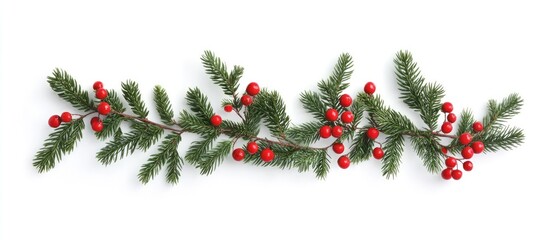 Festive Christmas border design with lush green fir branches and bright red berries against a pristine white background for holiday themes