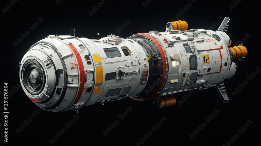 Poster a futuristic spacecraft design with intricate details, featuring various colors and mechanical compo