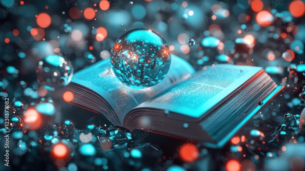 Poster an open book surrounded by colorful bubbles and a reflective sphere, creating a mesmerizing, magical