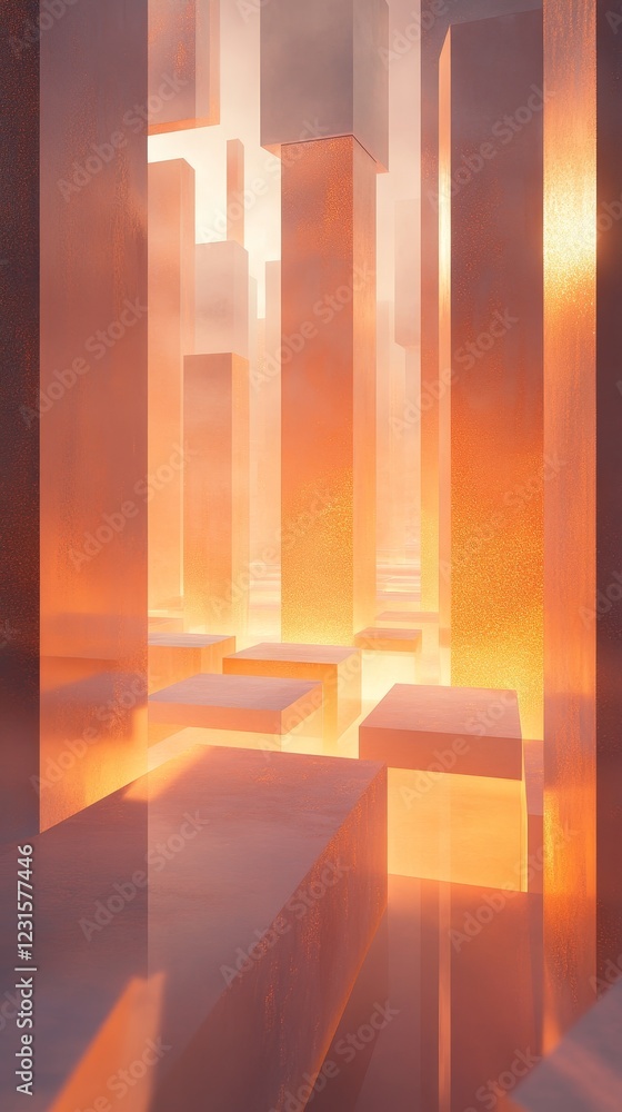 Poster explore a mesmerizing abstract urban landscape with towering columns reflecting warm hues. this tran