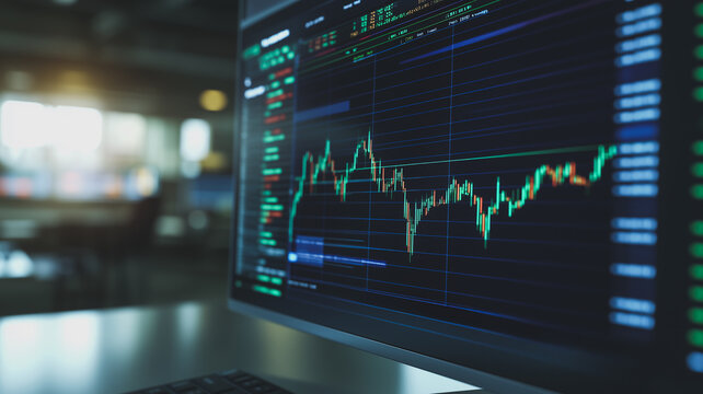 Market Trend Analysis: A close-up shot of a computer screen displaying a dynamic stock market graph, with data points fluctuating, suggesting market volatility and potential investment opportunities.