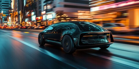 Fototapeta premium A futuristic car is driving down a street. The car is black and has a shiny, metallic appearance