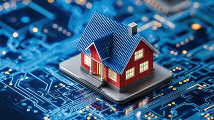 Obraz premium A miniature house sits on a circuit board, symbolizing the intersection of technology and real estate in a digital landscape.