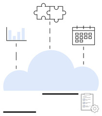 Cloud connecting graph bars, puzzle pieces, calendar, checklist, and cogwheel. Ideal for cloud computing, business management, teamwork, technology data analytics integration abstract line flat