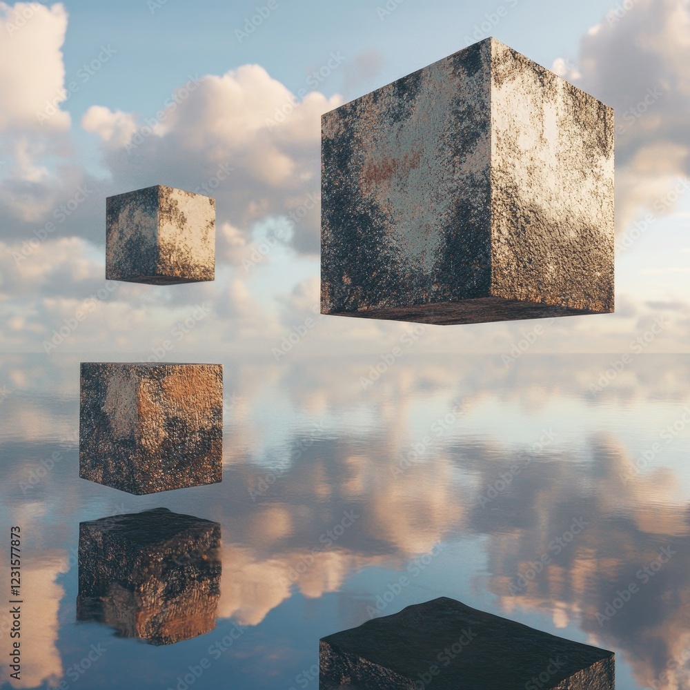 Poster surreal scene featuring floating cubes above a tranquil reflective surface, set against a serene blu