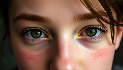 Naklejka premium a close-up of a person’s face with freckles and a thoughtful expression