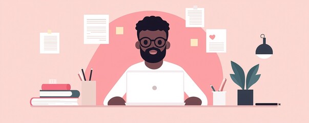 A content strategist reviewing keyword research on a laptop, with sticky notes and reference books around the desk.