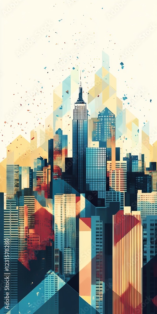 Poster a dynamic abstract cityscape featuring modern skyscrapers with geometric patterns and vibrant colors