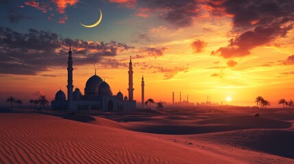 Obraz premium Background of Islamic Theme. A mosque in the desert with beautiful sunset