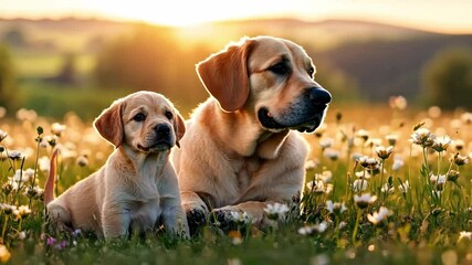 This heartwarming video shows a puppy and an adult dog in a field of flowers. They share a moment under golden sunlight. Ideal for promoting joy and companionship in pets. Generative AI