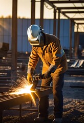 Outdoor welding scene at a construction site during sunset.
