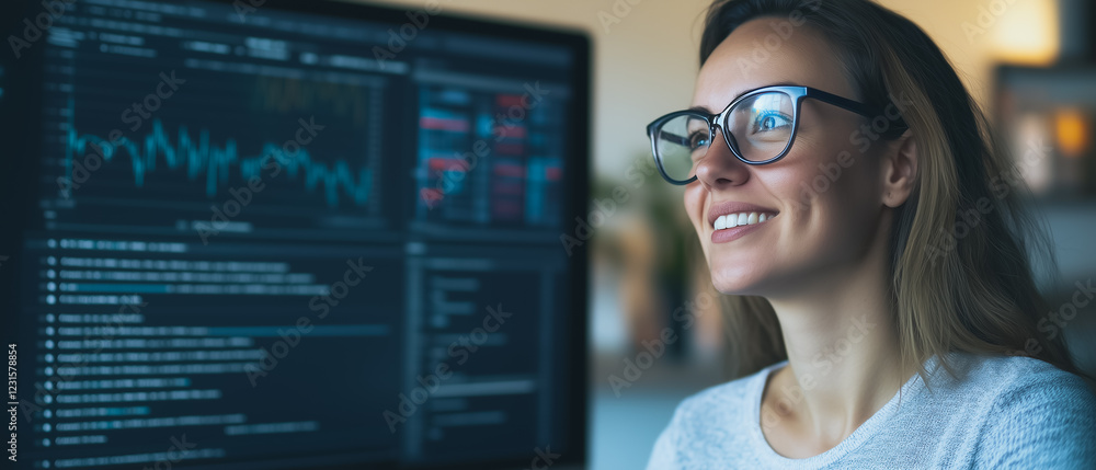 Poster code with a smile: a young, confident woman programmer with glasses looks off to the side with a bri