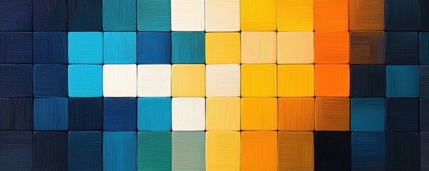 Pixel-inspired abstract composition with scattered multicolored squares blending from yellow to blue, creating a vibrant visual texture