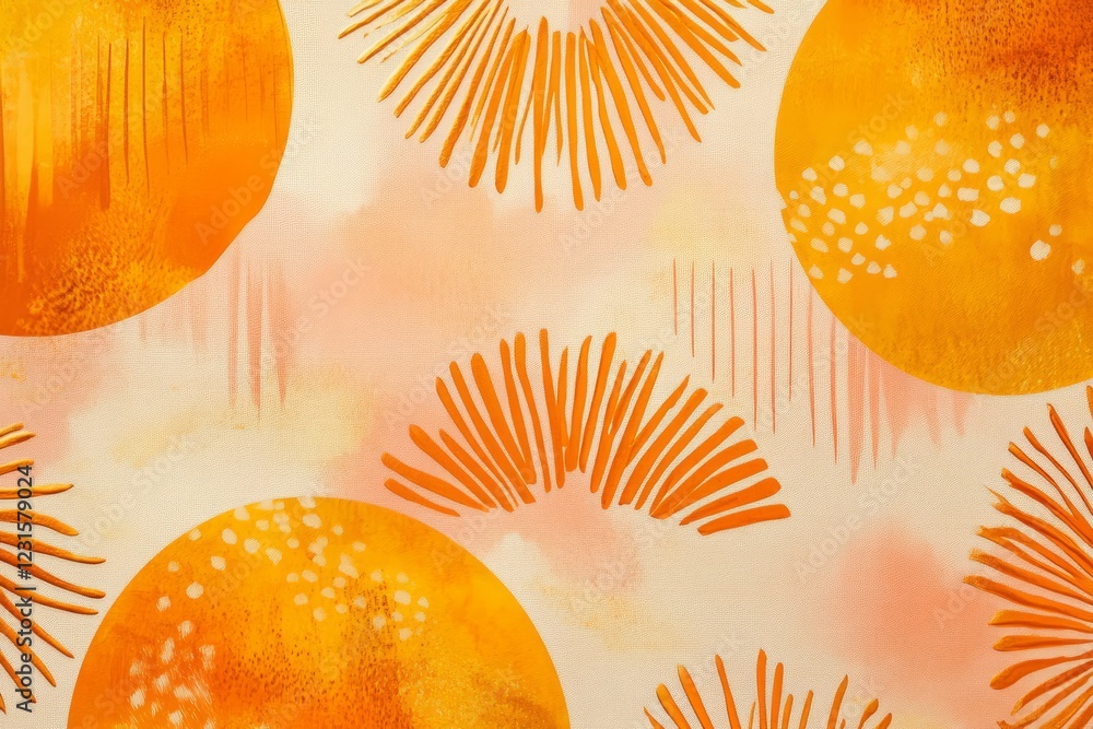 Poster vibrant abstract design featuring orange and yellow circular and linear patterns on a soft, textured