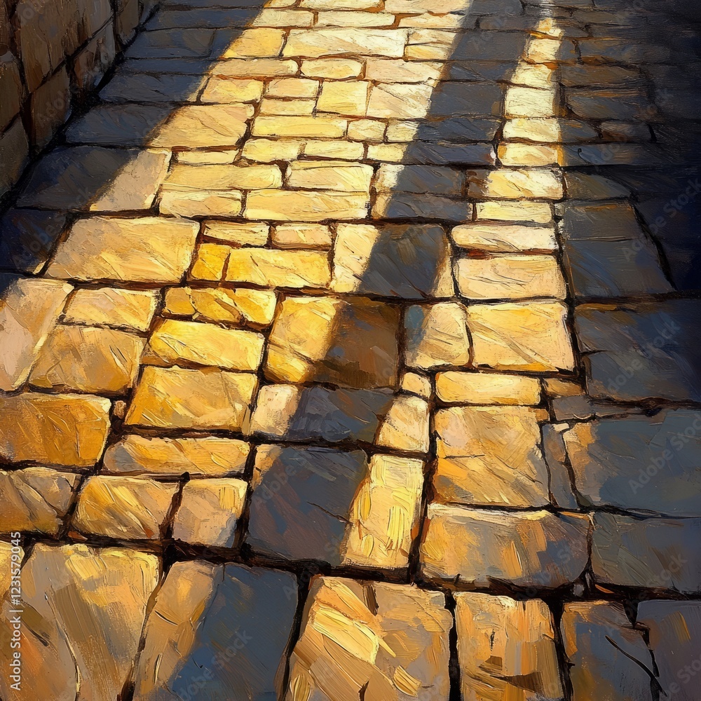 Poster a sunlit stone pathway with warm golden tones and shadows, creating an abstract pattern in a serene 