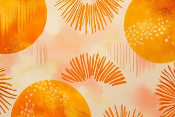 Vibrant abstract design featuring orange and yellow circular and linear patterns on a soft, textured background.