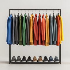 Rack with assorted clothes hanging neatly.