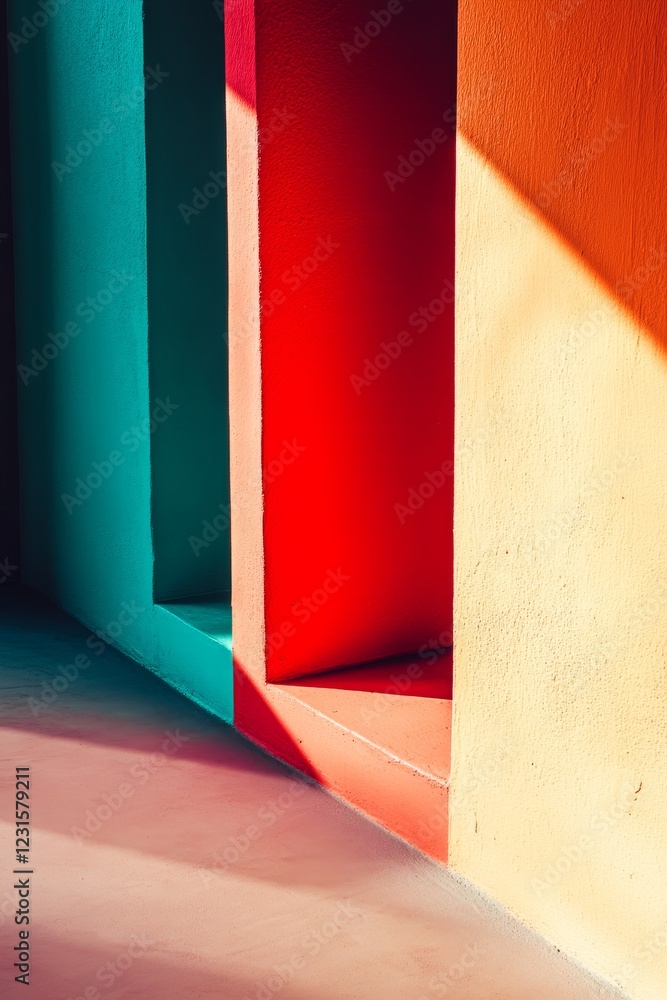 Poster this image features a striking arrangement of vibrant geometric shapes with soft shadows. the interp