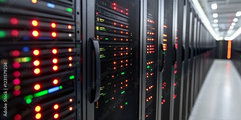 Poster cutting-edge data center servers with rows of illuminated lights in modern facility