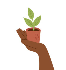 Human hand holding a small seedling in the pot. Concepts of ecology, spring, gardening, new life, business, sustainability, environmental care. Vector hand drawn clipart.
