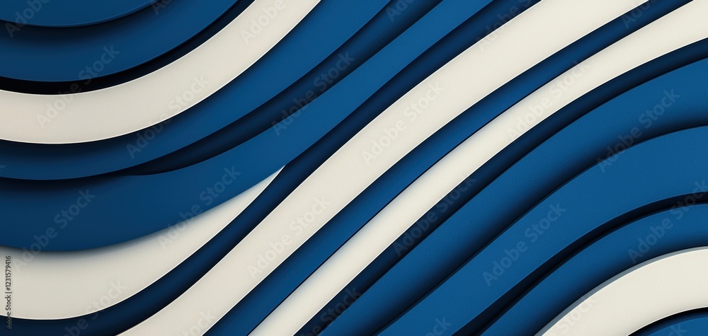 Poster twisting blue and white striped ribbon with smooth gradients, creating a fluid and contemporary abst