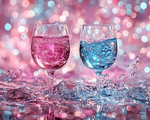 Two glasses of pink and blue water with splashes on a sparkling background.