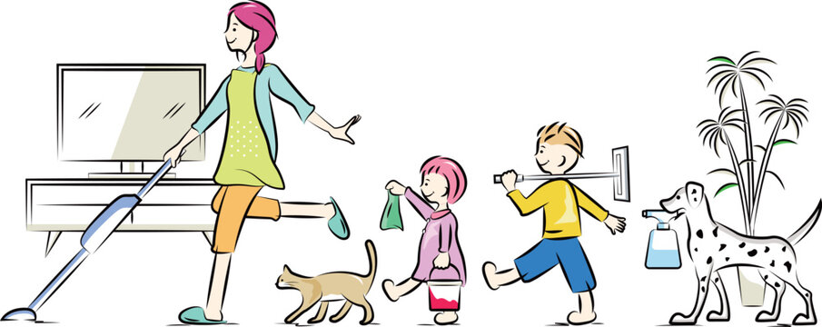 掃除機をかける主婦とお手伝いをする男の子と女の子、猫と犬｜家族シリーズ
