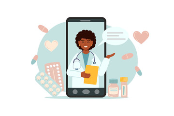 Online medical consultation with doctor on smartphone screen. Concept of online medicine, healthcare, digital health services, and remote treatment. Vector hand drawn illustration.