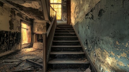 Obraz premium Decaying Grandeur: A Sunlit Staircase in a Ruined Mansion