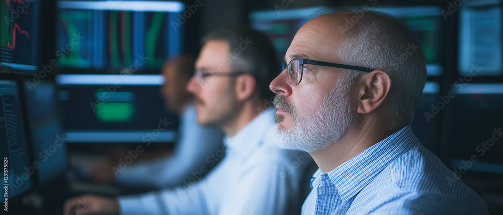 Poster focused analysts: a team of serious data analysts intensely focused on computer screens in a dimly l