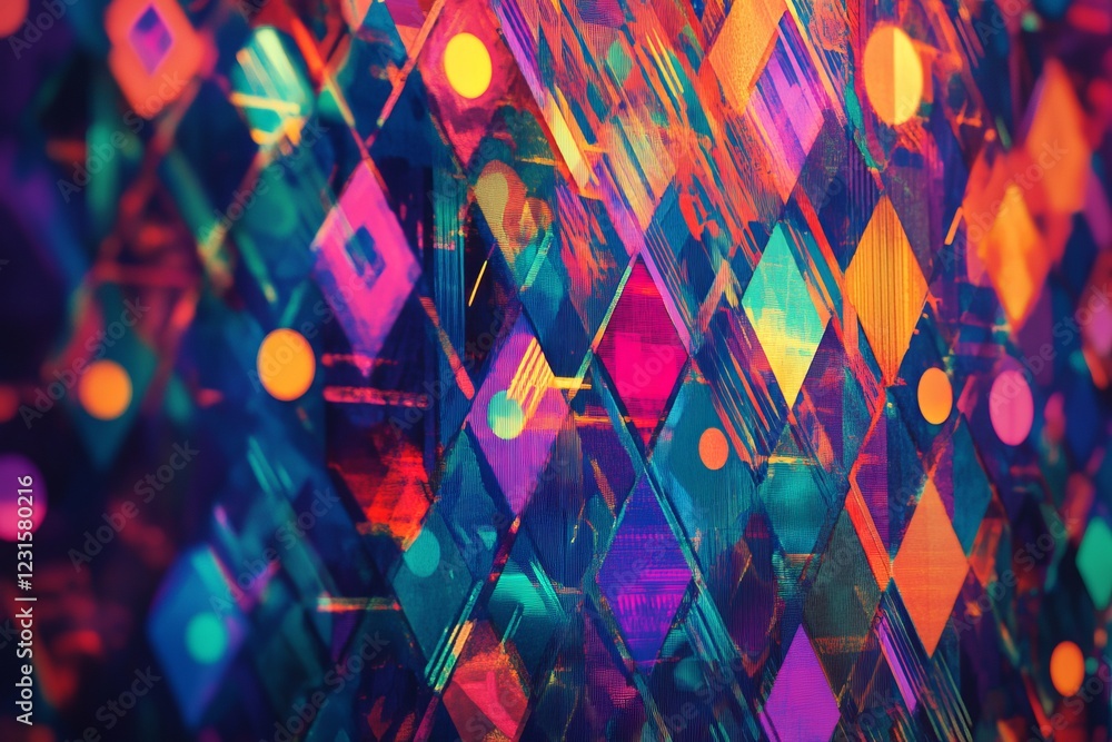 Poster vibrant abstract geometric pattern with colorful diamonds and circles in a dynamic modern design