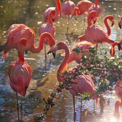Flock of Pink Flamingos in the Water, Barcelona Zoo, a Beautiful Sunny Day, Wildlife in Spain