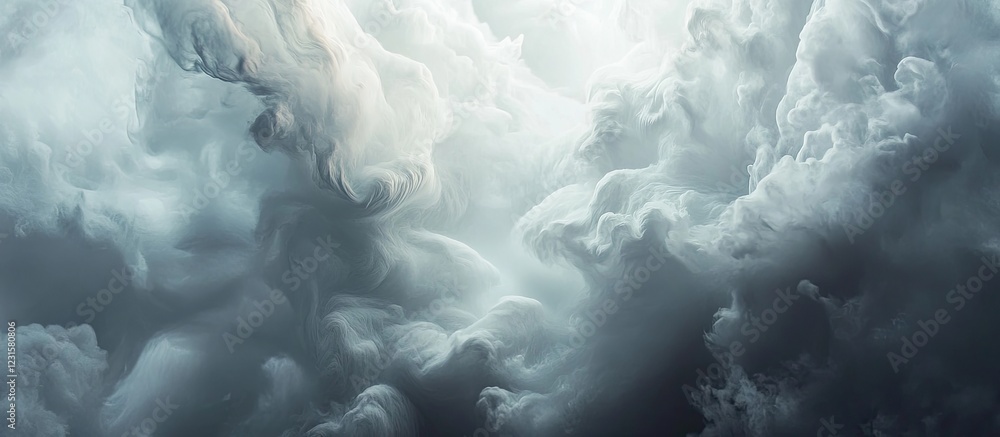 Poster Dramatic sky with swirling gray and white clouds illuminated by soft light creating an ethereal atmosphere ideal for backgrounds and artwork.