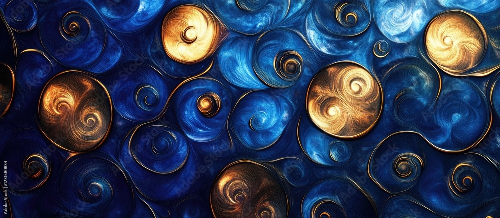 Poster vibrant blue and gold swirling alcohol ink background with circular patterns creating an elegant art