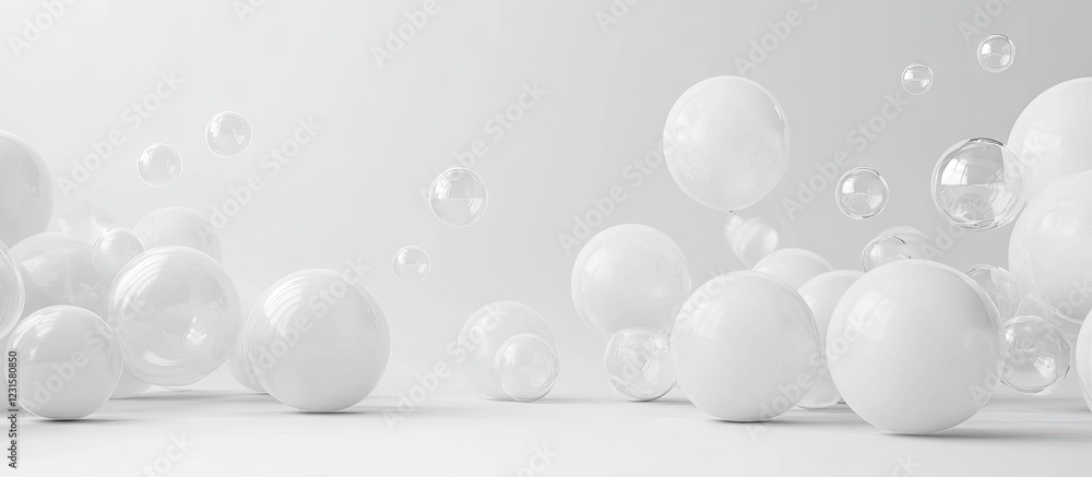 Poster white latex balloons and translucent bubbles scattered across a bright white background create a fes