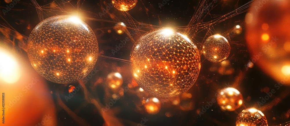 Poster Interlinked glowing orange spheres in a mesh structure against a dark backdrop creating an enchanting abstract digital visual experience
