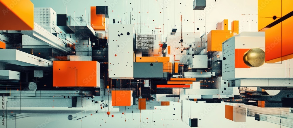 Fototapete abstract composition of geometric shapes in orange, gray, and black, with a dynamic perspective crea